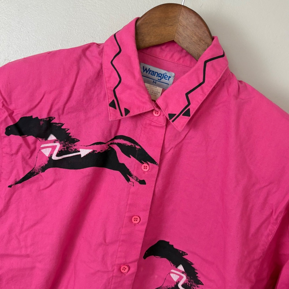Vtg 90s Wrangler Button Down Shirt Womens M Pink Horse Girlhood Cowgirl Rodeo